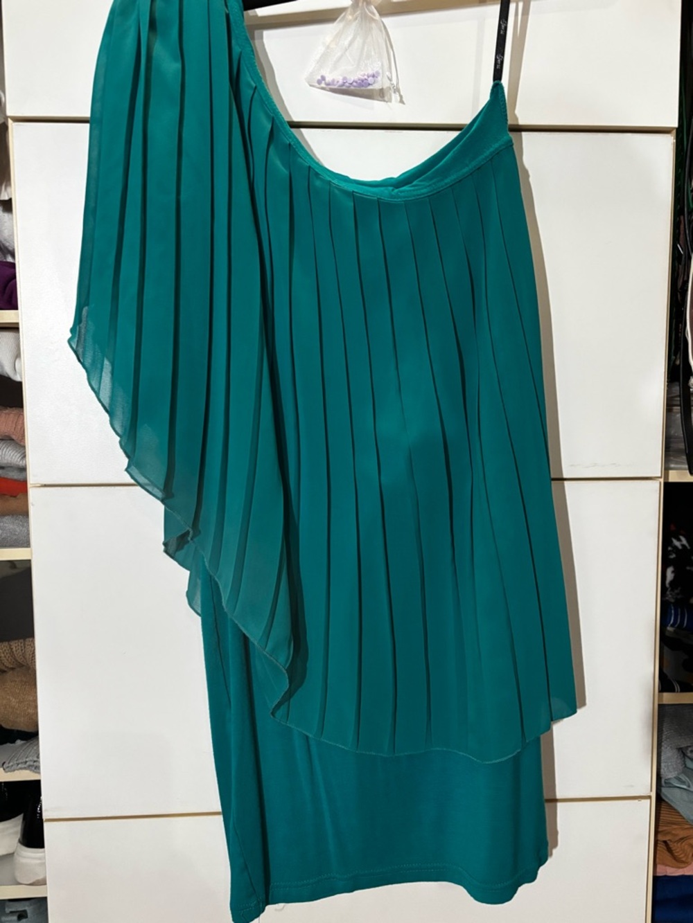 Teal One-Shoulder Pleated Midi Dress